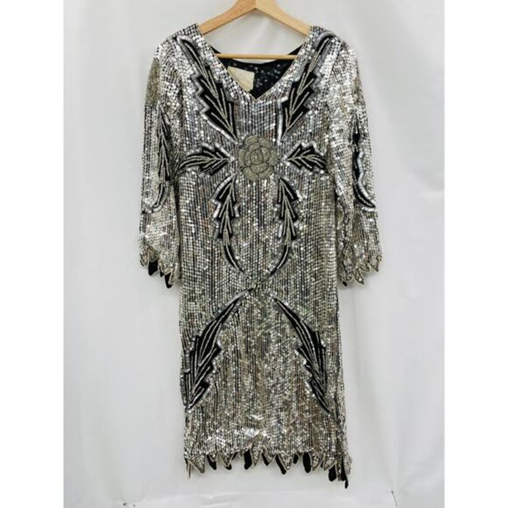 Vintage silk sequin 1980's black silver dress‎
